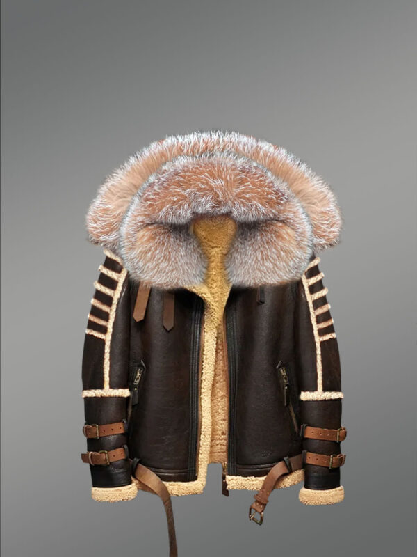 Designer Brown Shearling Jacket with Crystal Fox Fur Trims on Collar & Hood - Image 2