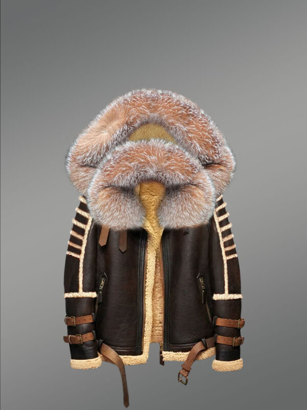 Designer Brown Shearling Jacket with Crystal Fox Fur Trims on Collar & Hood