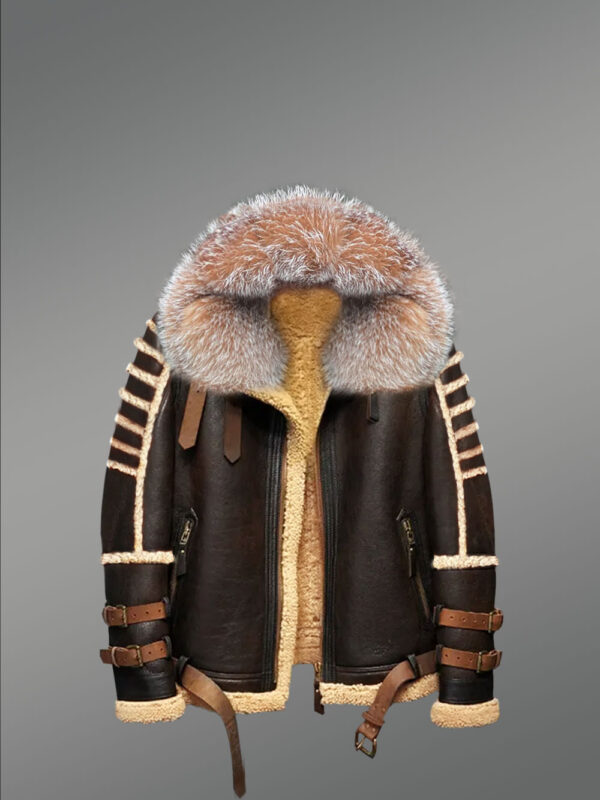 Designer Brown Shearling Jacket with Crystal Fox Fur Trims on Collar & Hood - Image 3