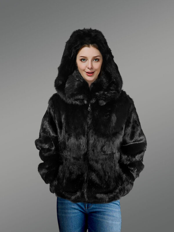 Authentic Rabbit Fur Bomber Jacket in Black - Image 2