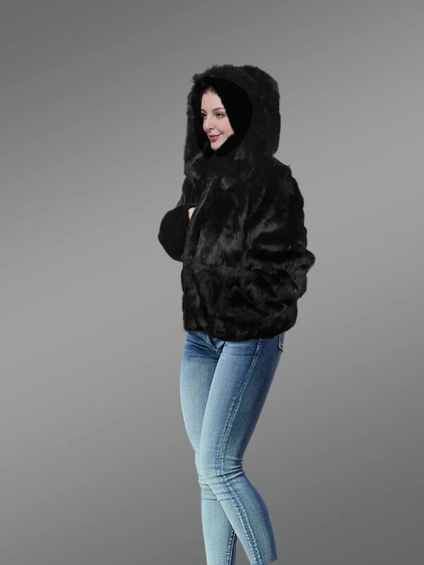 Authentic Rabbit Fur Bomber Jacket in Black - Image 4