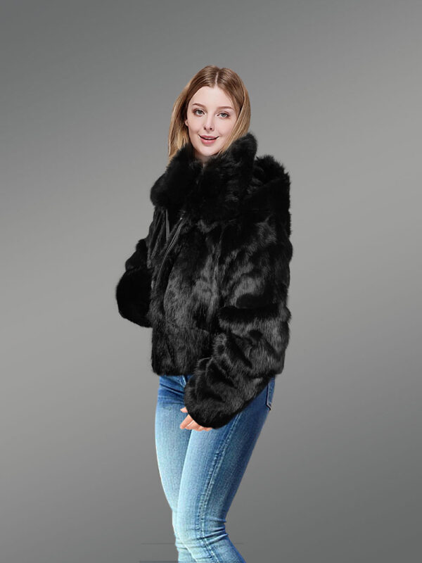 Authentic Rabbit Fur Bomber Jacket in Black - Image 3