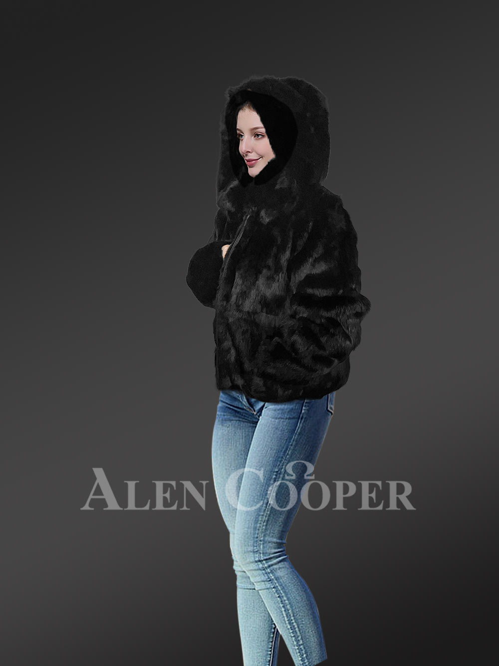 Women’s Authentic Rabbit Fur Bomber Jacket in Black - Image 4