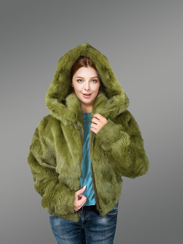 Rabbit Fur Bomber Jacket in Olive - Image 3