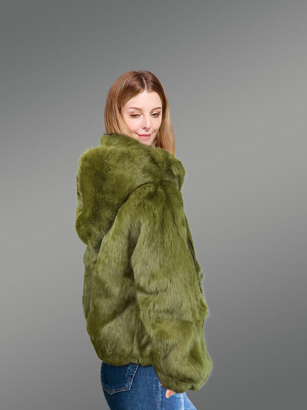 Rabbit Fur Bomber Jacket in Olive - Image 6