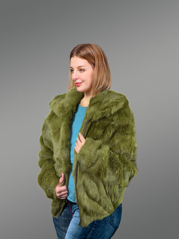 Rabbit Fur Bomber Jacket in Olive - Image 5