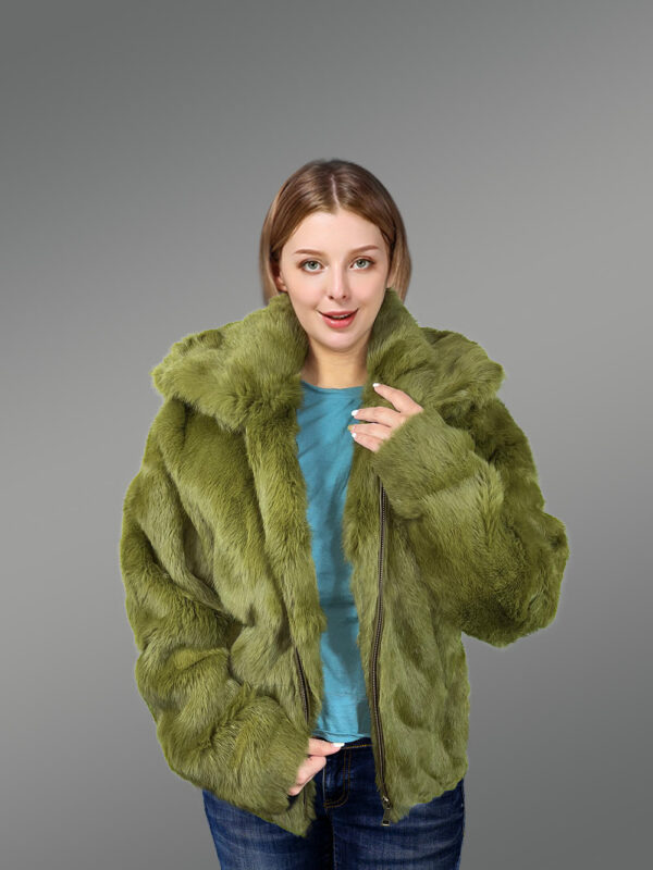 Rabbit Fur Bomber with Hood for Women