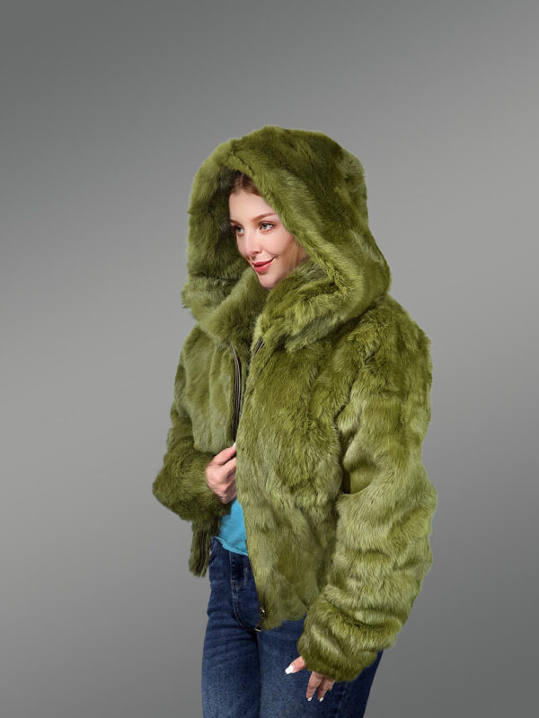 Rabbit Fur Bomber Jacket in Olive - Image 4