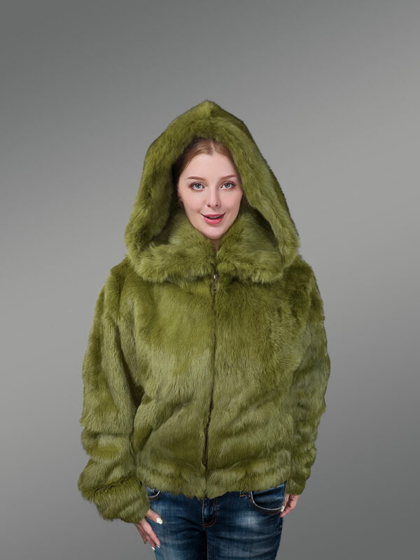 Rabbit Fur Bomber Jacket in Olive - Image 2