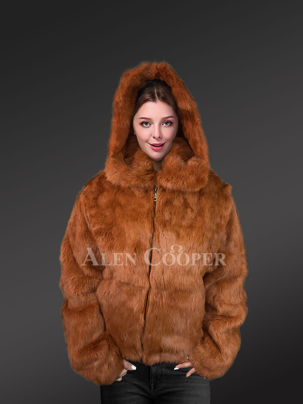 Rabbit Fur Bomber with Hood for Women