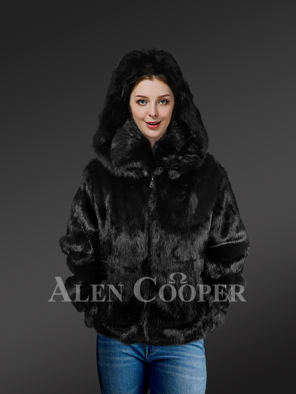 Women’s Authentic Rabbit Fur Bomber Jacket in Black - Image 2