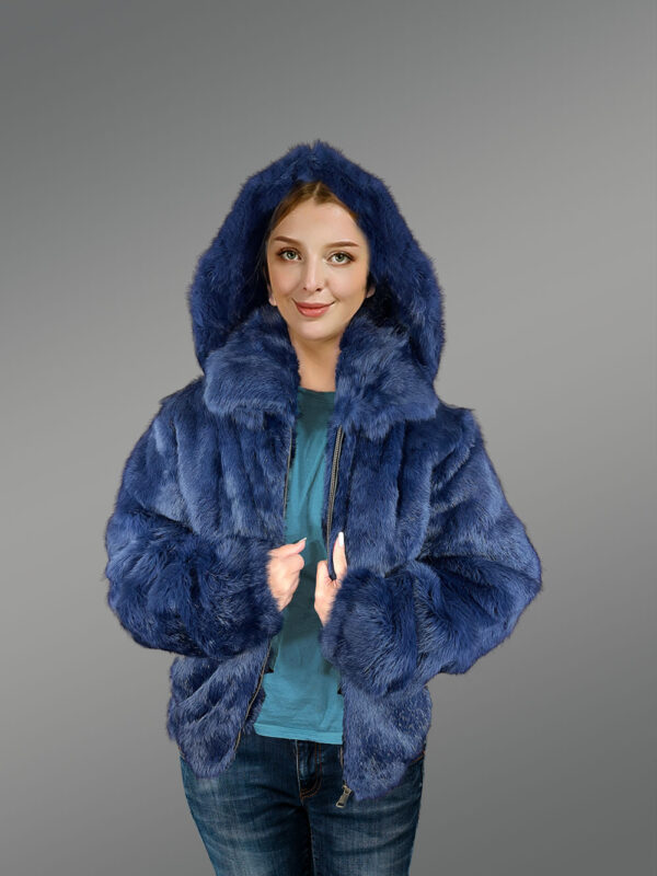 Women’s Authentic Rabbit Fur Bomber Jacket in Navy blue - Image 4