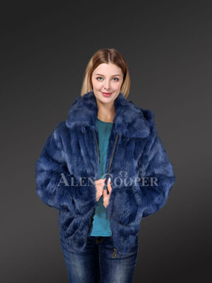 Women Rabbit Fur Bomber in Navy