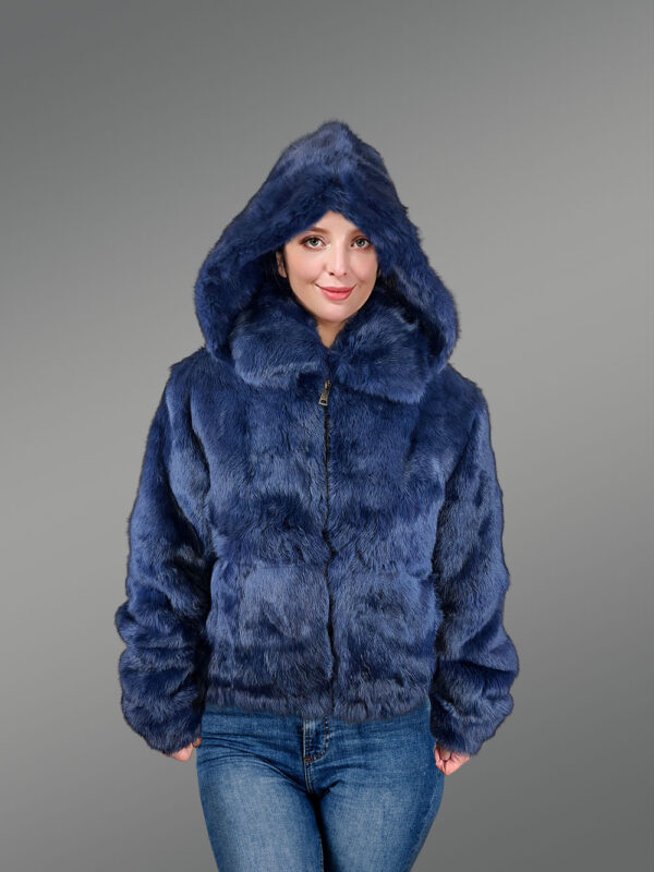 Women’s Authentic Rabbit Fur Bomber Jacket in Navy blue - Image 3