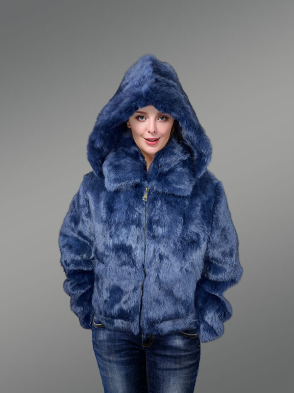 Women’s Authentic Rabbit Fur Bomber Jacket in Navy blue - Image 2