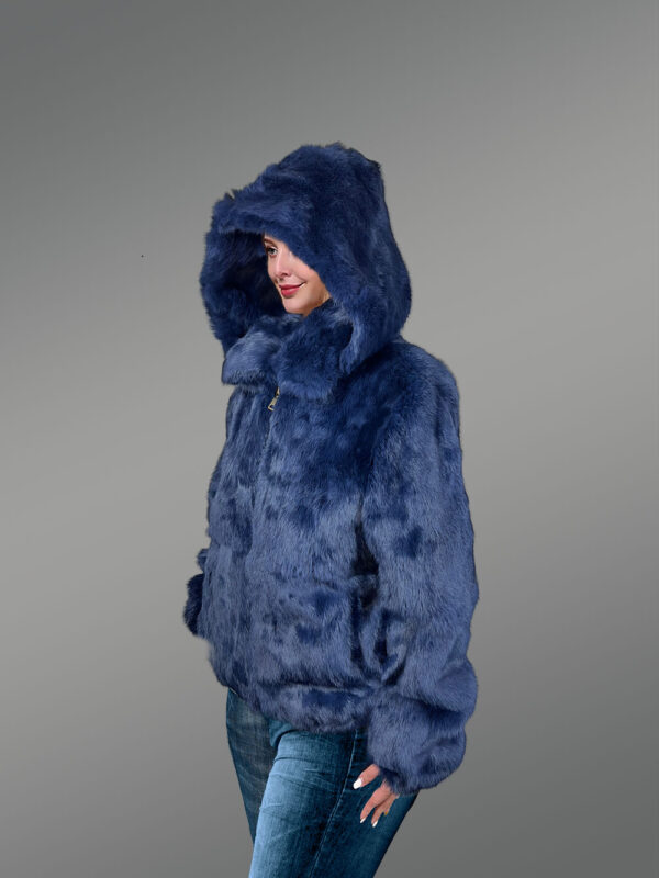 Women’s Authentic Rabbit Fur Bomber Jacket in Navy blue - Image 6