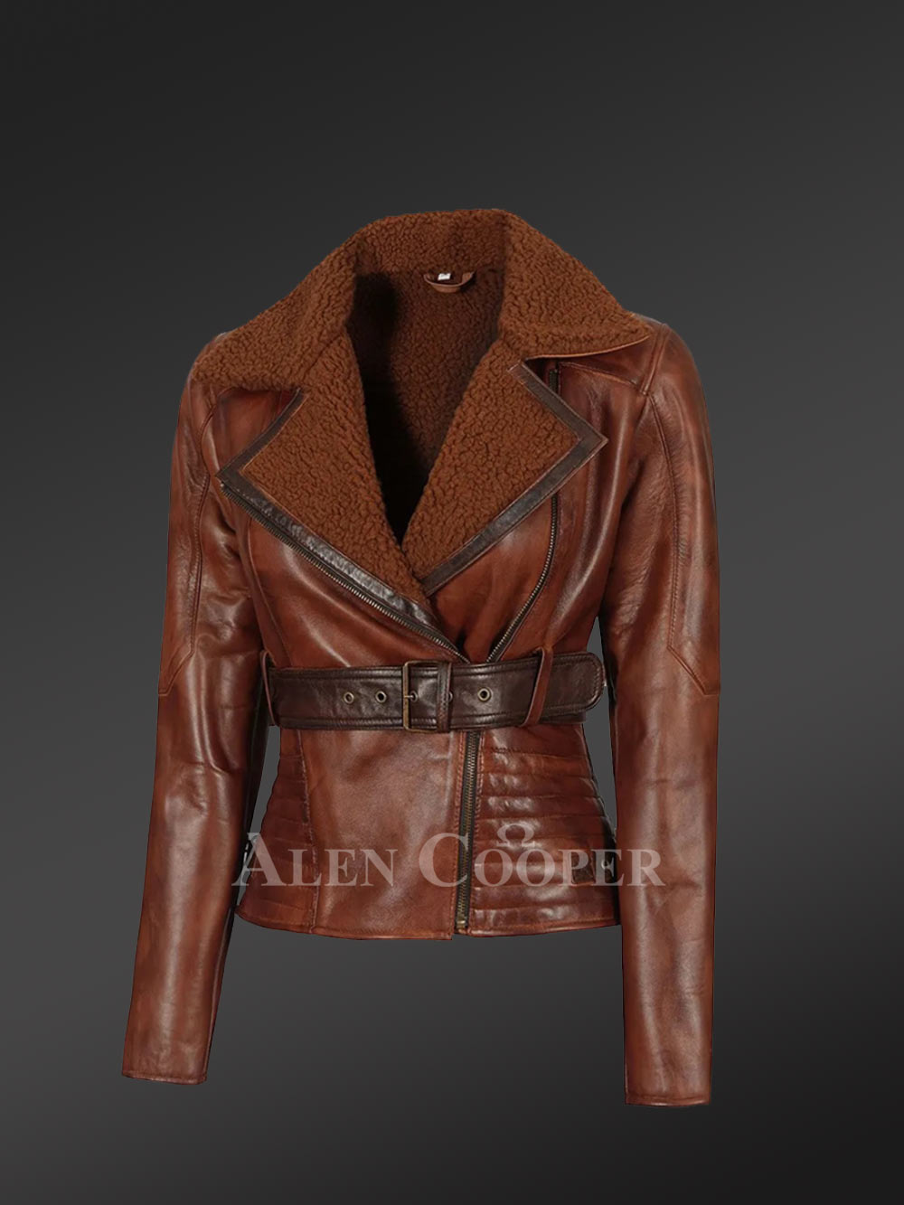 Shearling Biker Women Jacket with a Waist Belt - Image 3