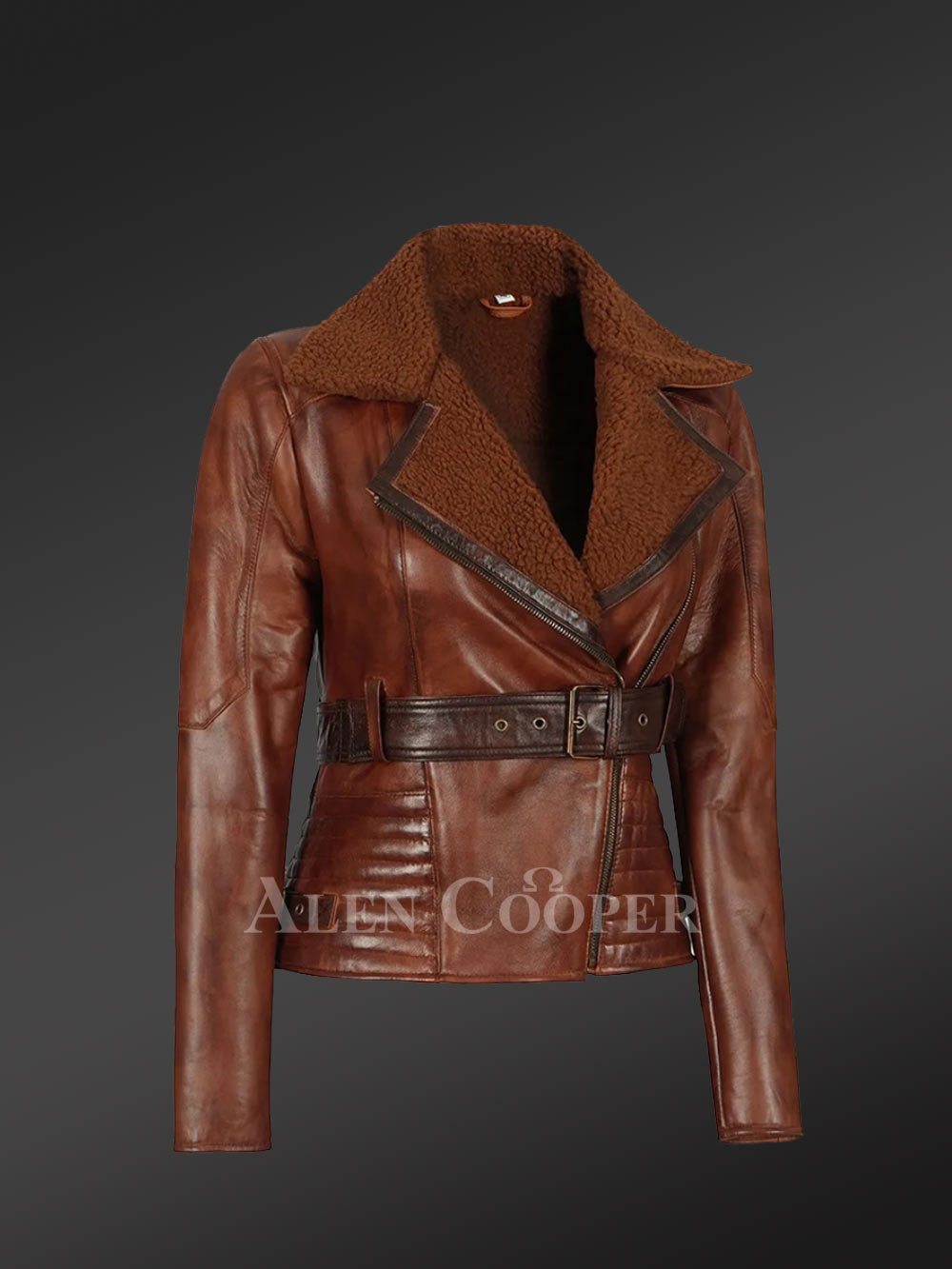 Shearling Biker Women Jacket with a Waist Belt - Image 4