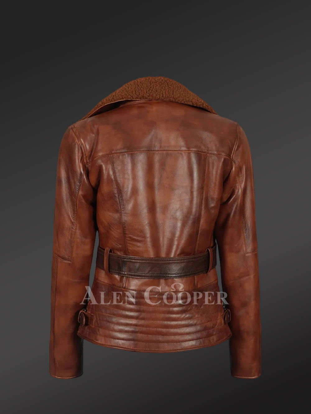 Shearling Biker Women Jacket with a Waist Belt - Image 5