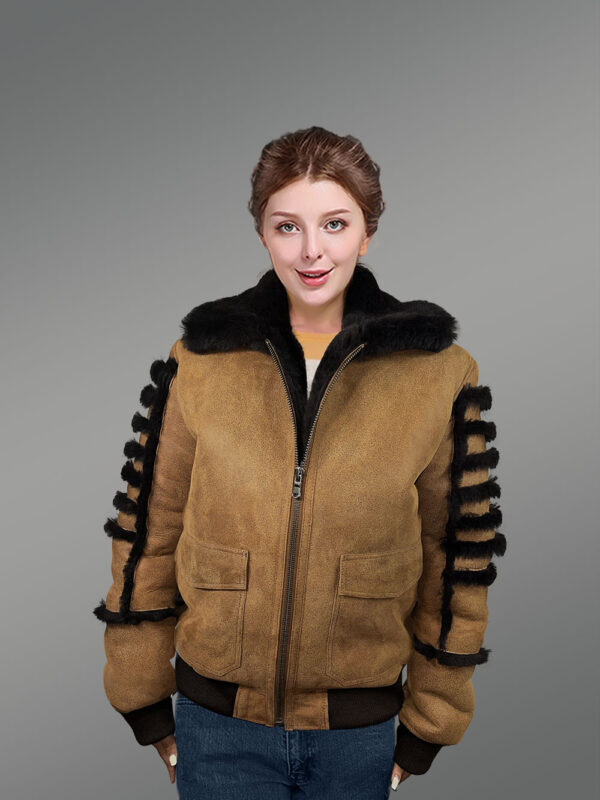 Women’s Light Tan Sheepskin Shearling Bomber Jacket Front-open Zipper - Image 3