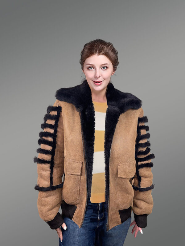 Women’s Light Tan Sheepskin Shearling Bomber Jacket Front-open Zipper - Image 2