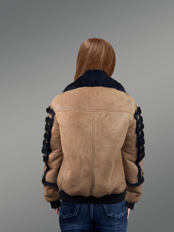 Women’s Light Tan Sheepskin Shearling Bomber Jacket Front-open Zipper - Image 5