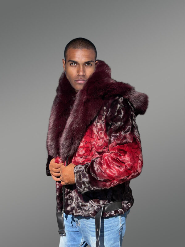 Men Mink Fur Coat with Hood in Burgundy Is an Out-Of-The-Box Outfit