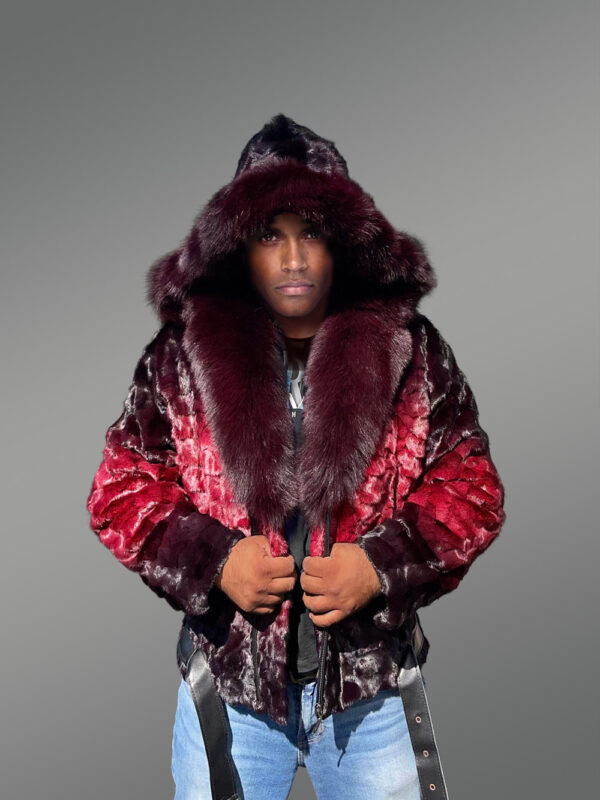 Men Mink Fur Coat with Hood in Burgundy Is an Out-Of-The-Box Outfit