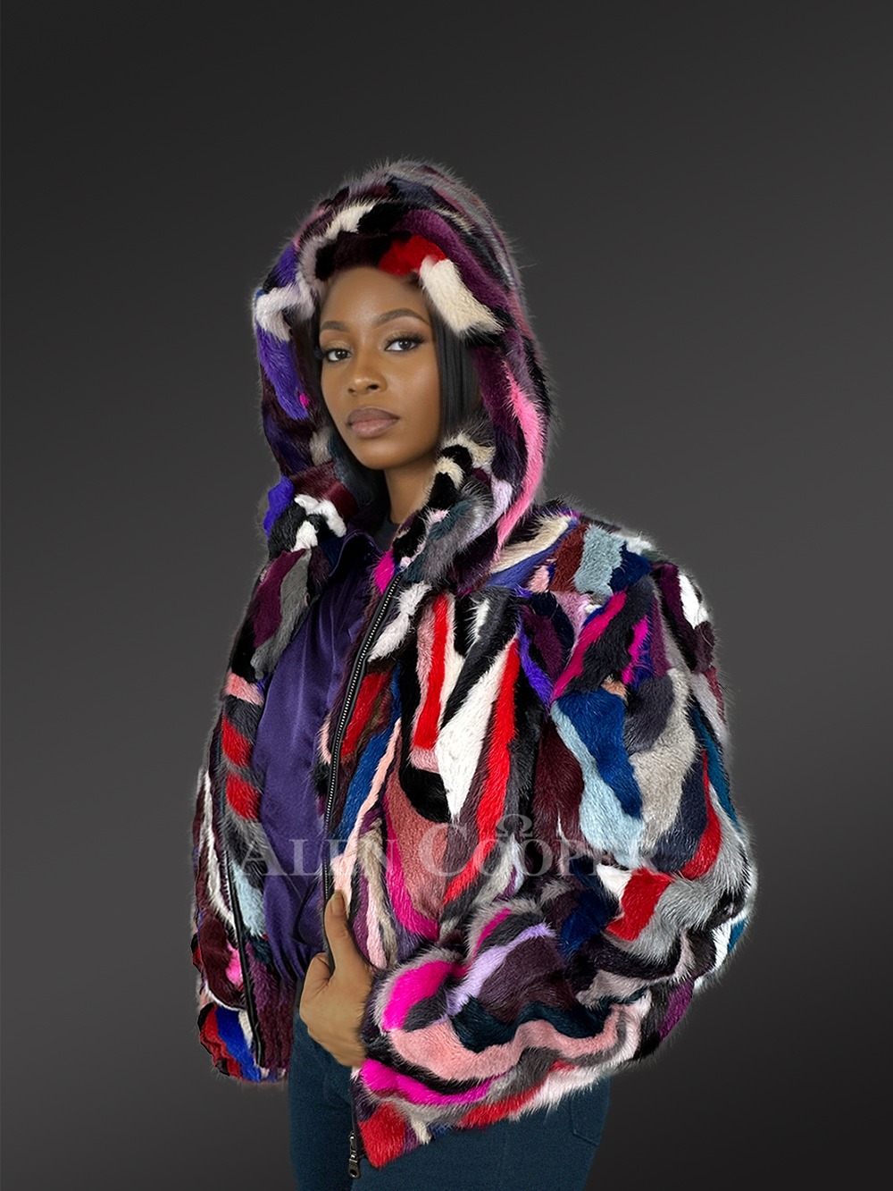 Women Bomber Mink Fur Jacket with Hood - Image 4