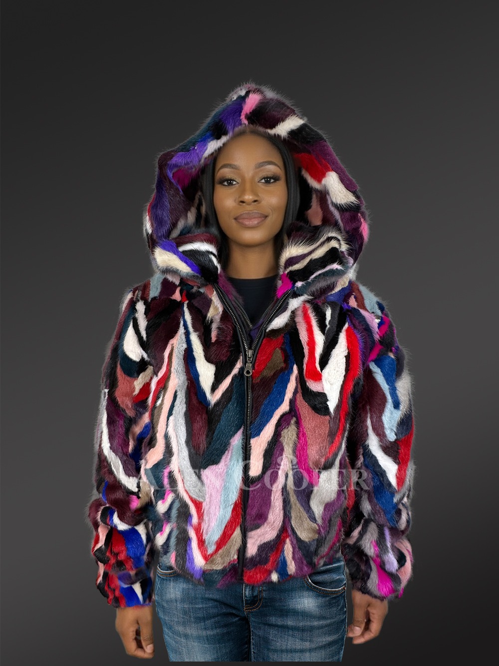 Women Bomber Mink Fur Jacket with Hood - Image 3