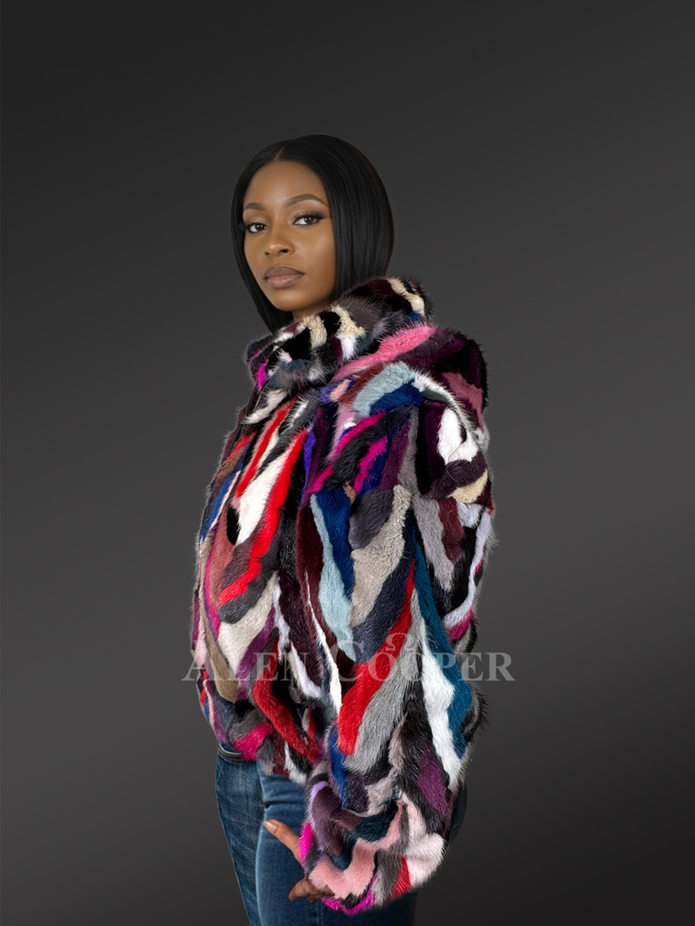 Women Bomber Mink Fur Jacket with Hood - Image 5