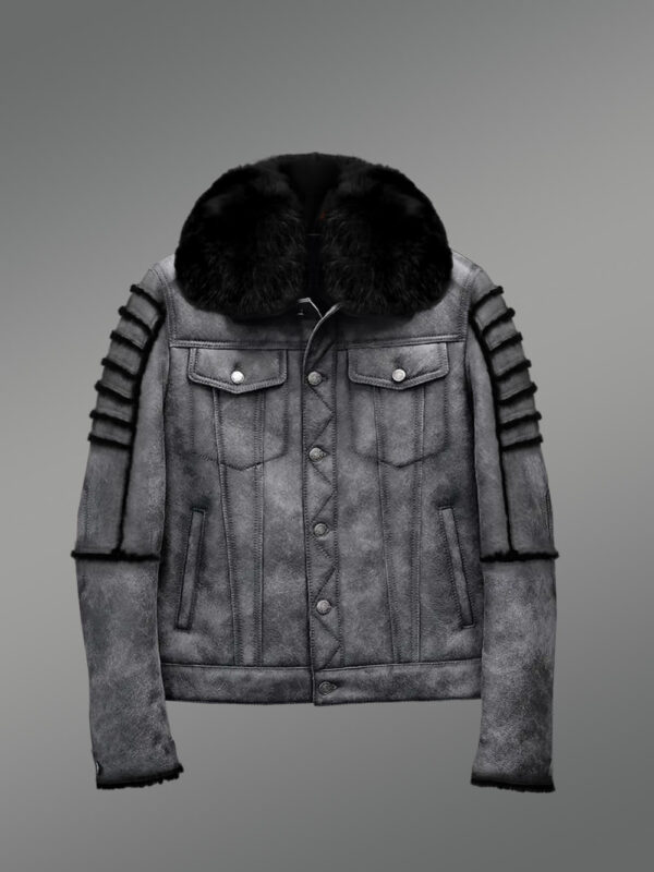 Men’s Shearling Coat in Grey With Black fox fur and Hood - Image 3