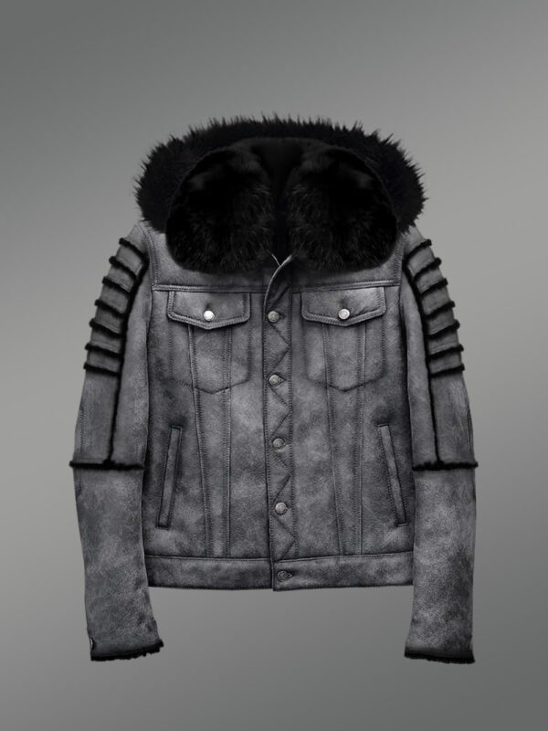 Men’s Shearling Coat in Grey With Black fox fur and Hood - Image 2