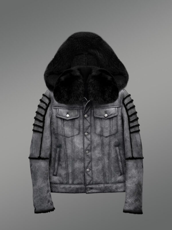 Men’s Shearling Coat in Grey With Black fox fur and Hood