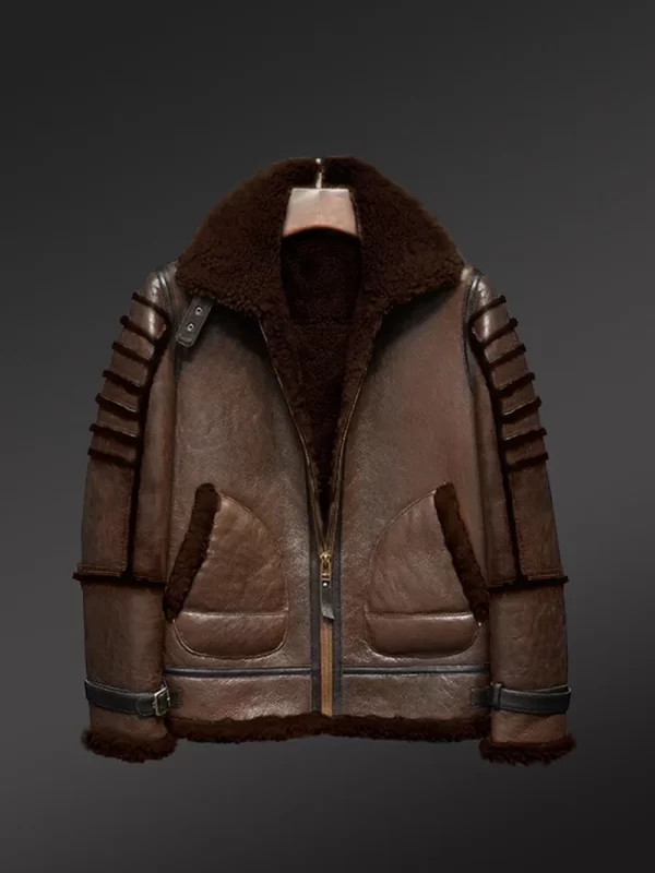 Mens Sheepskin Aviator Jacket with Belted Collar and Cuff