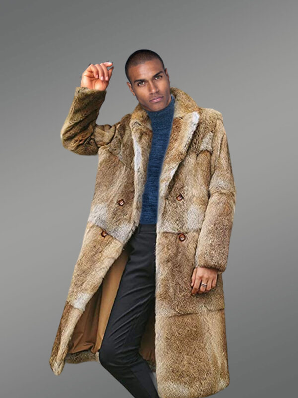 Men’s double breasted Natural Rabbit Fur Long Coat - Image 2