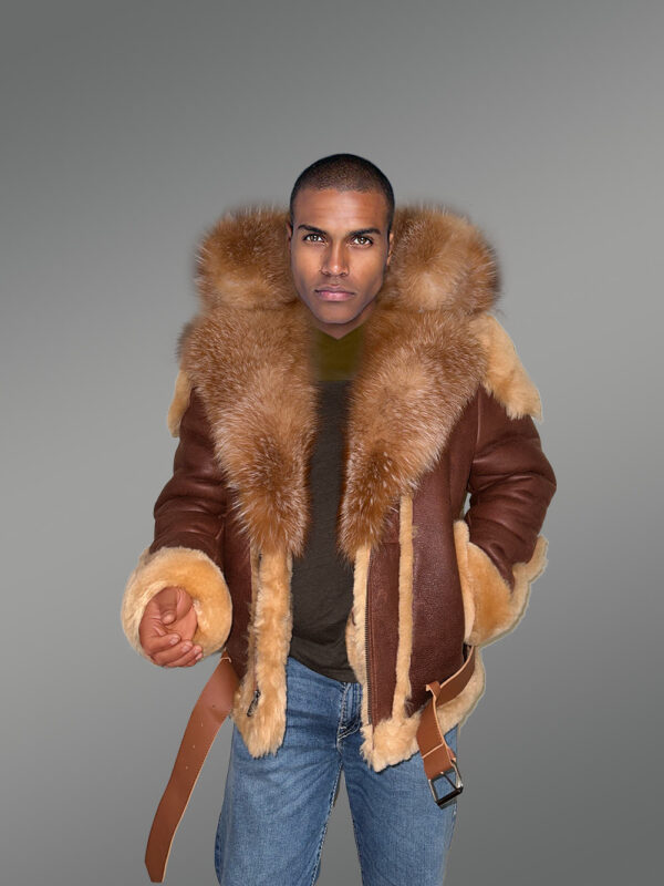 Men’s High Neck Collar attractive shearling jacket with detachable Fox Fur Hood - Image 3