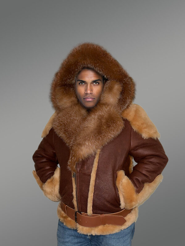 Men’s High Neck Collar attractive shearling jacket with detachable Fox Fur Hood - Image 5