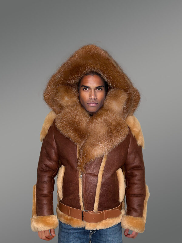 Men’s High Neck Collar attractive shearling jacket with detachable Fox Fur Hood - Image 4