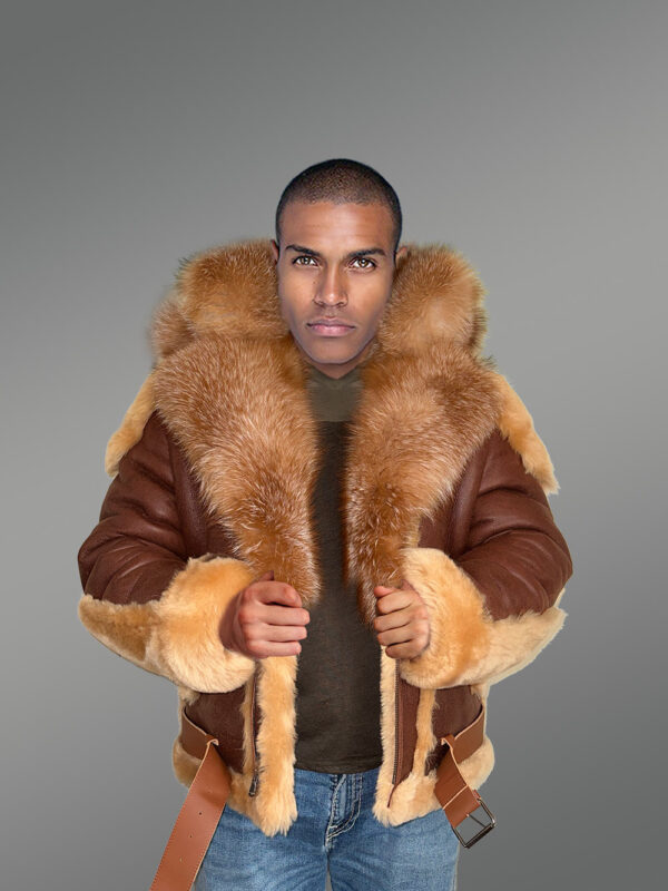 Men’s High Neck Collar attractive shearling jacket with detachable Fox Fur Hood