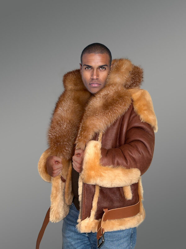 Men’s High Neck Collar attractive shearling jacket with detachable Fox Fur Hood - Image 6