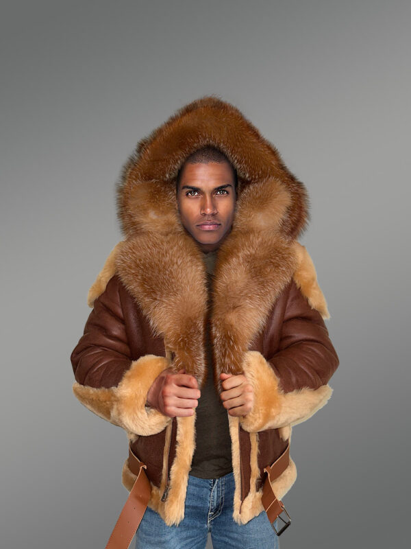 Men’s High Neck Collar attractive shearling jacket with detachable Fox Fur Hood - Image 2