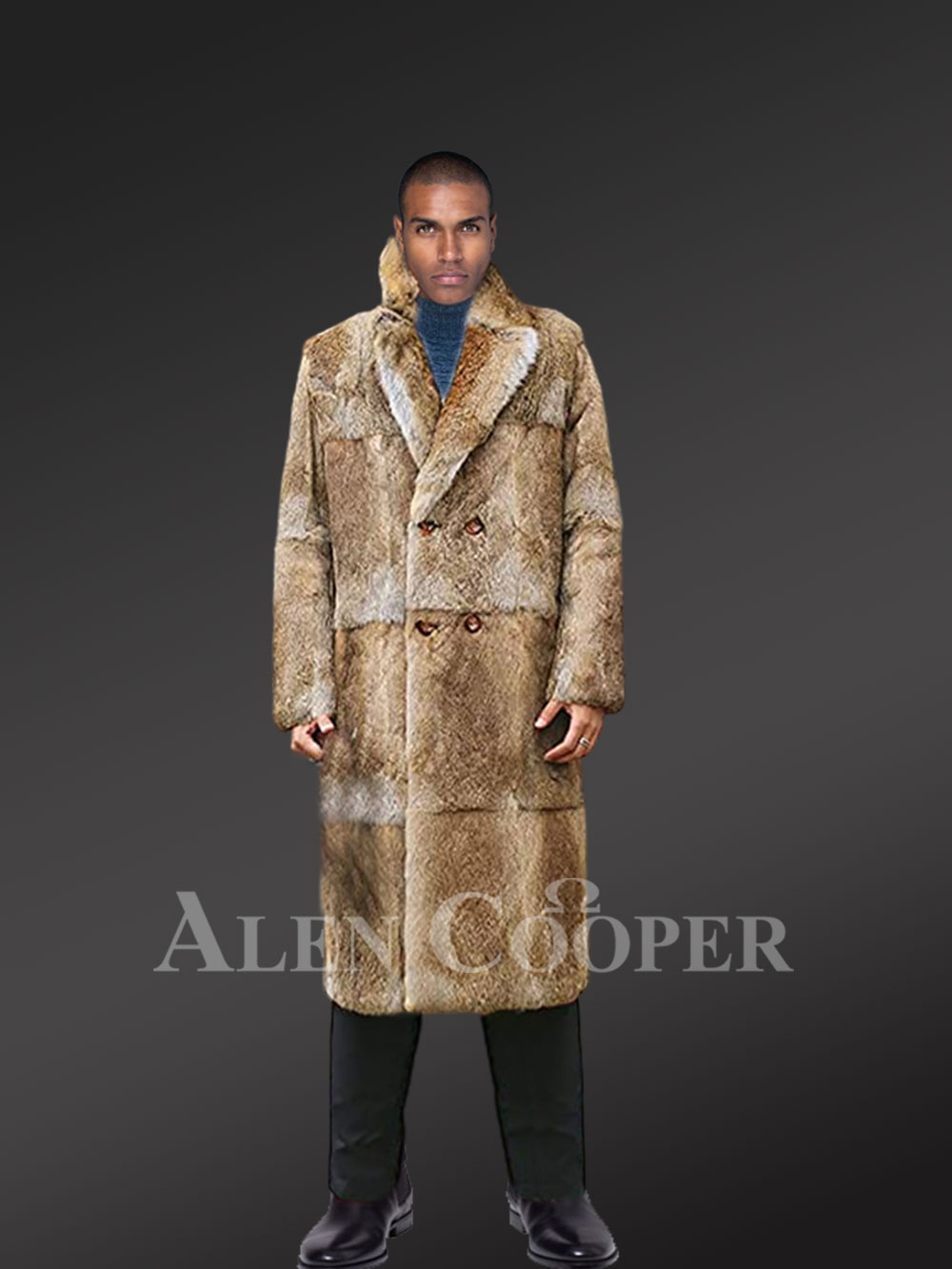 Men’s double breasted Natural Rabbit Fur Long Coat