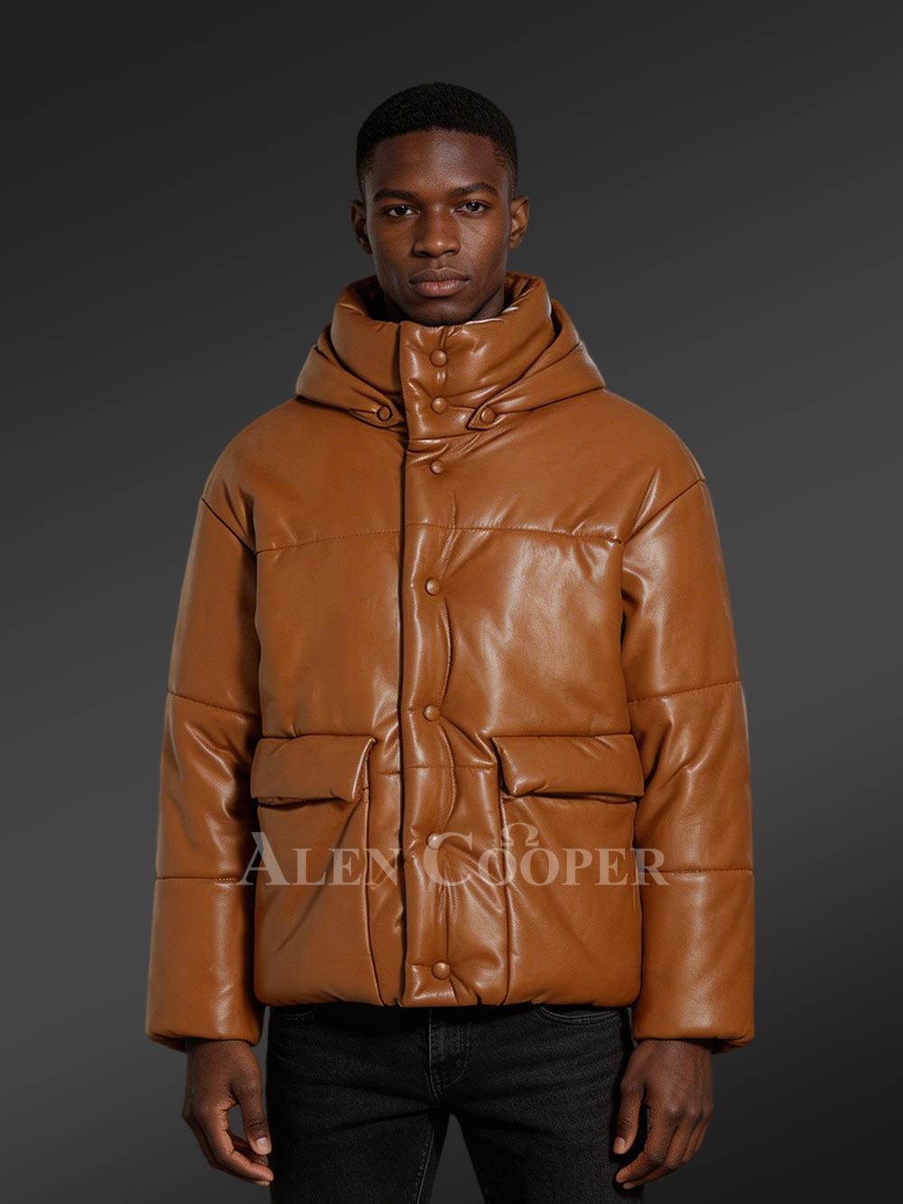 Men’s Puffer Leather Bomber Jacket with Collared Neck and Detachable Hood