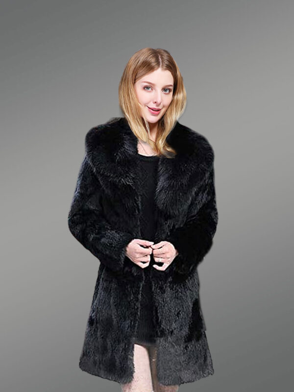 Real Rabbit Fur Mid Length Womens Coat in Black