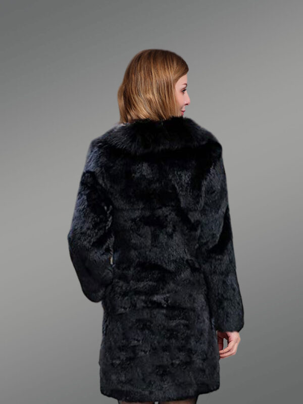 Real Rabbit Fur Mid Length Womens Coat in Black - Image 4