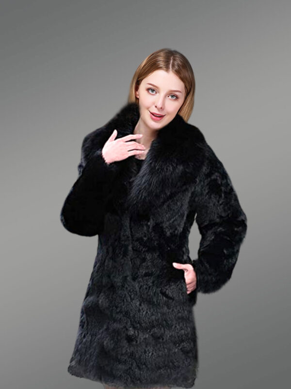 Real Rabbit Fur Mid Length Womens Coat in Black - Image 3