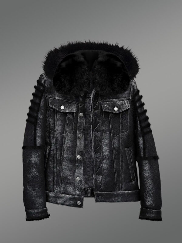 Mens Shearling Black Jacket With Fox Fur Hood and Collar for Maximum Protection - Image 2