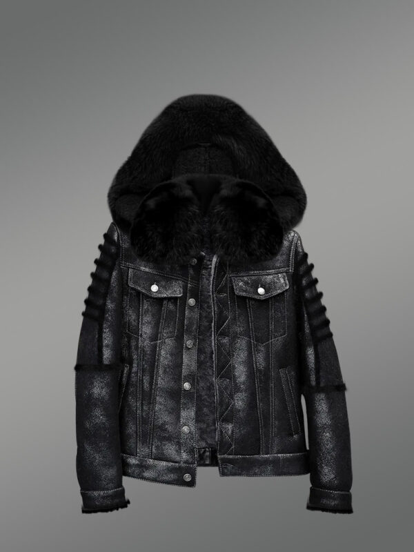 Mens Shearling Black Jacket With Fox Fur Hood and Collar for Maximum Protection