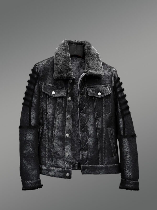 Mens Shearling Black Jacket With Fox Fur Hood and Collar for Maximum Protection - Image 4